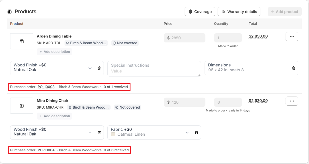 Screenshot of OrderPilot order lines with their Purchase order rows