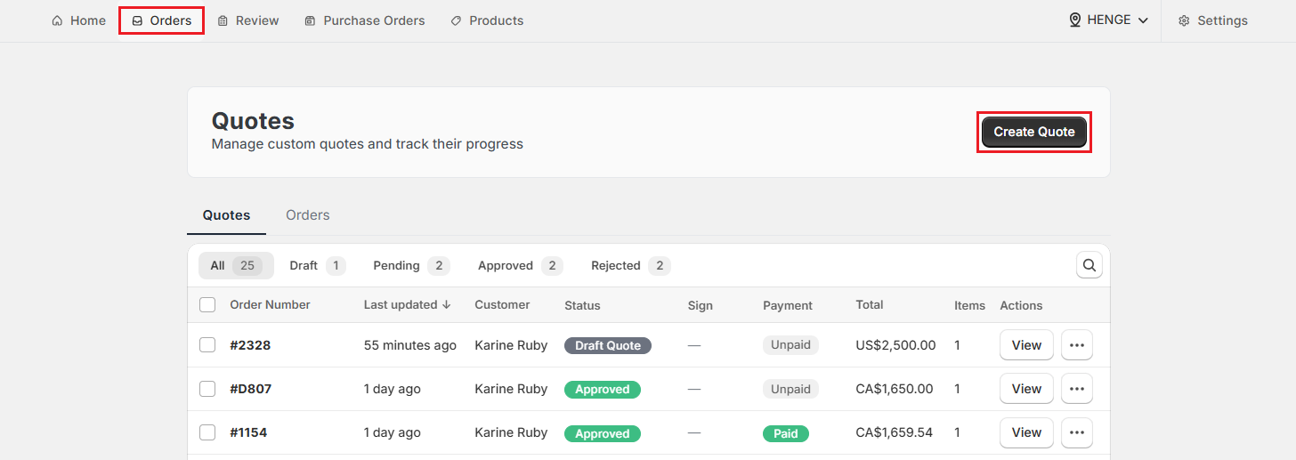 OrderPilot Orders Tab-Click Create Quote Screenshot of OrderPilot Orders Tab-Click Create Quote