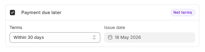 OrderPilot Create Quote-Configure Payment Due Later Screenshot of OrderPilot Create Quote-Configure Payment Due Later