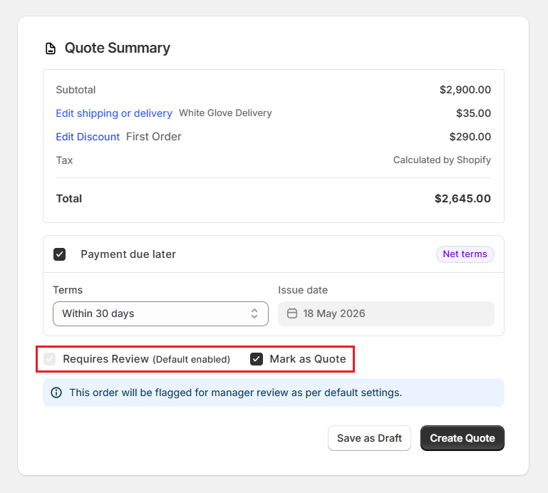OrderPilot Create Quote-Configure Requires Review and Mark as Quote Screenshot of OrderPilot Create Quote-Configure Requires Review and Mark as Quote