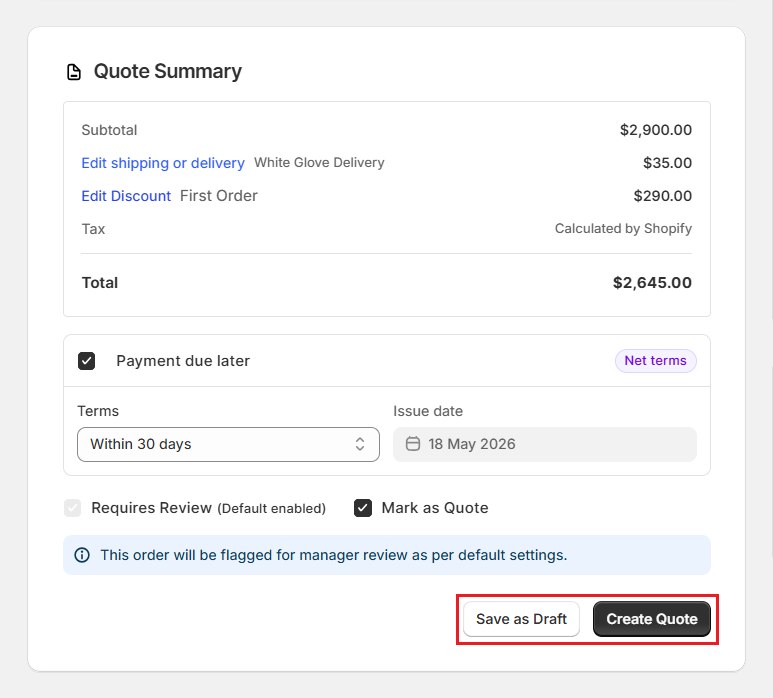 OrderPilot Create Quote-Confirm Quote or Draft Screenshot of OrderPilot Create Quote-Confirm Quote or Draft