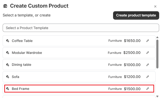 OrderPilot Create Quote-Select Product Template Screenshot of OrderPilot Create Quote-Select Product Template