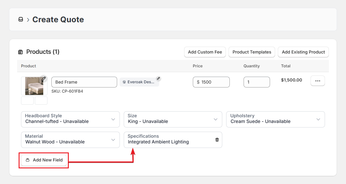 OrderPilot Create Quote-Add Specifications Screenshot of OrderPilot Create Quote-Add Specifications