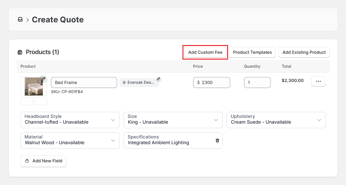 OrderPilot Create Quote-Click Add Custom Fee Screenshot of OrderPilot Create Quote-Click Add Custom Fee