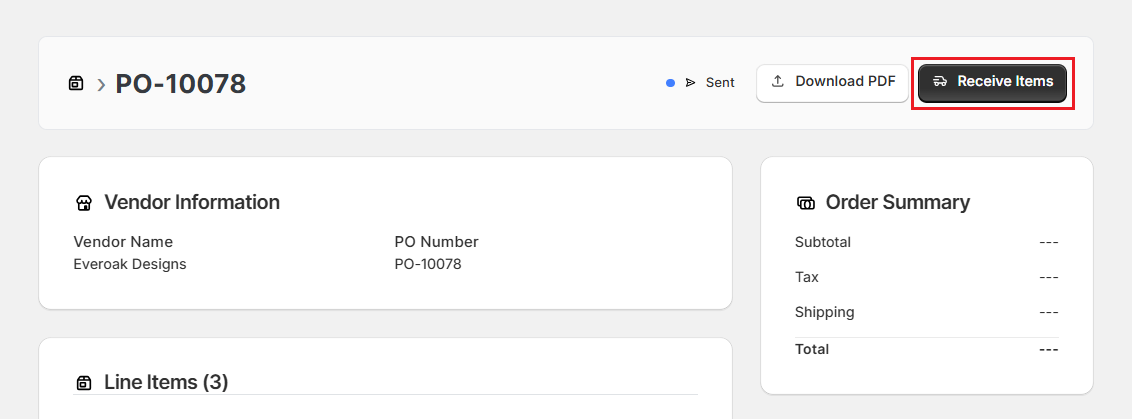 Screenshot of OrderPilot Receive Purchase Order Items
