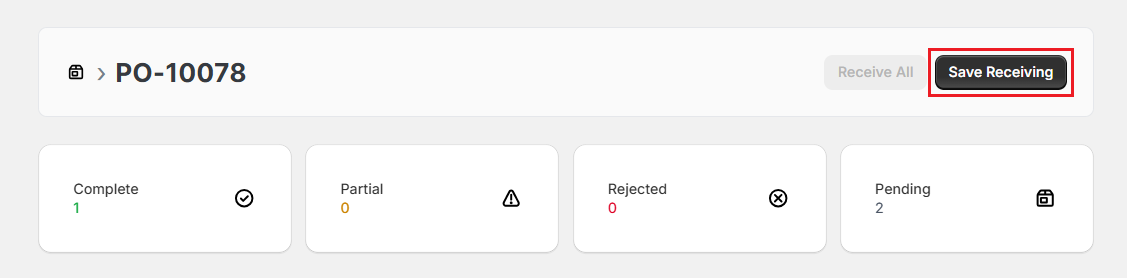 Screenshot of OrderPilot Receive Purchase Order-Save Receiving