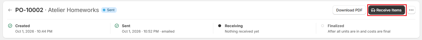 Screenshot of OrderPilot sent purchase order with the Receive Items button