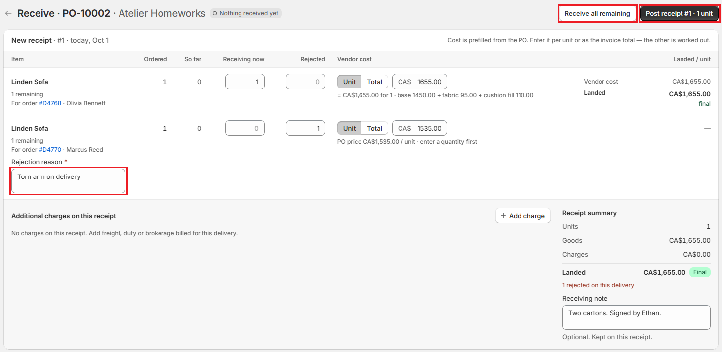 Screenshot of OrderPilot Receive page with units receiving now and a rejected unit