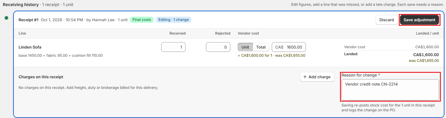 Screenshot of OrderPilot Receiving history with a receipt being edited