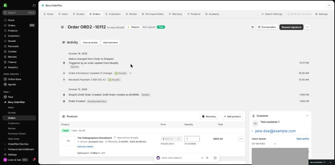 Order detail showing Taken badge, Delivered 0 · Fulfilled 1 · of 1 status, and the order activity