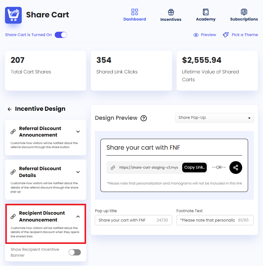 Screenshot of Share Cart Dashboard-Clicking on Recipient Discount Announcement