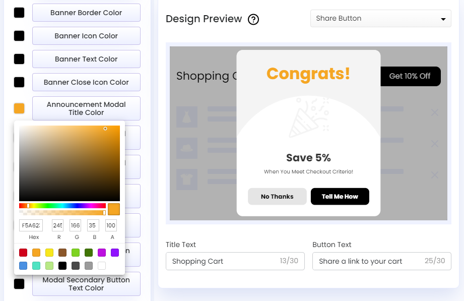 Screenshot of Share Cart Dashboard-Recipient Incentive Announcement Modal Title Color