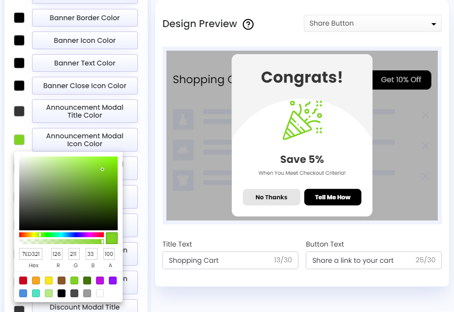 Screenshot of Share Cart Dashboard-Recipient Incentive Announcement Modal Icon Color