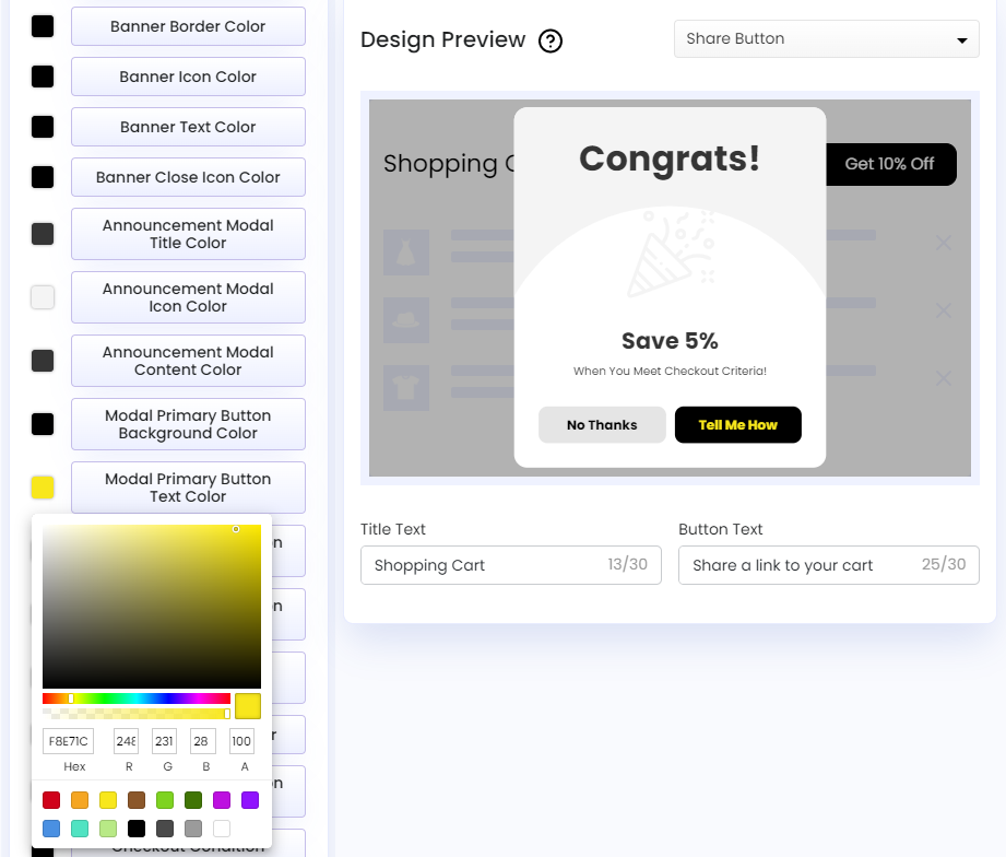Screenshot of Share Cart Dashboard-Recipient Incentive Announcement Modal Primary Button Text Color