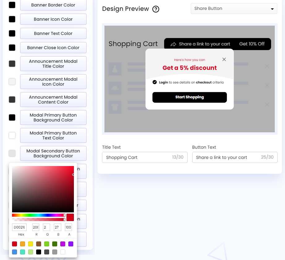 Screenshot of Share Cart Dashboard-Discount Modal Title Color