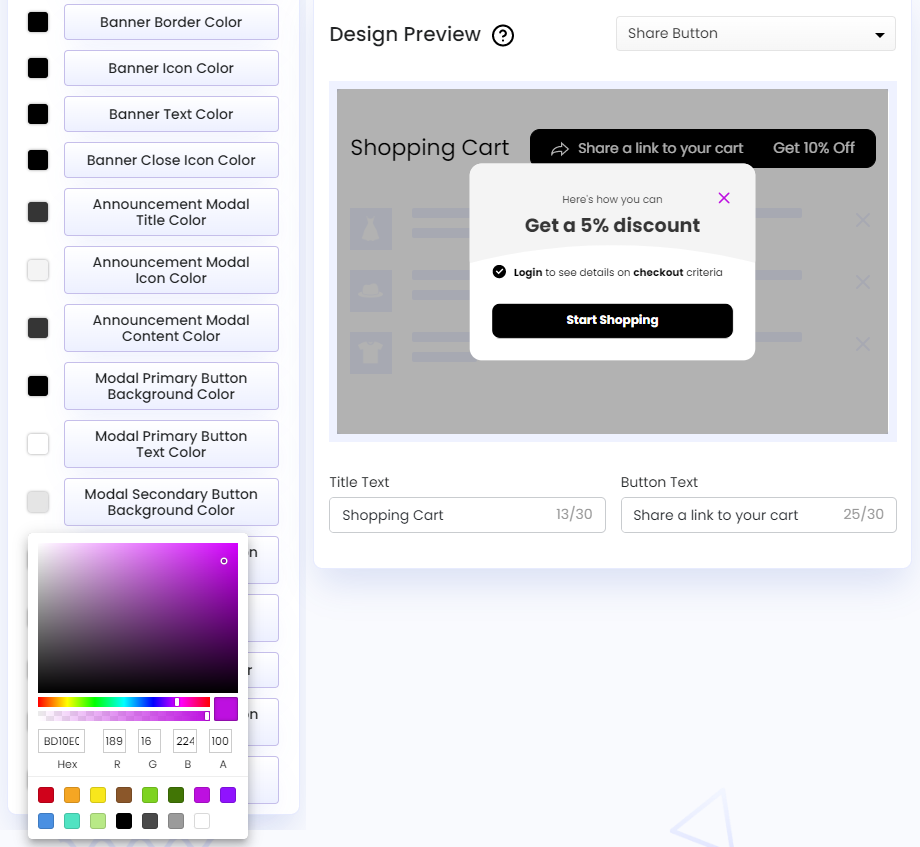 Screenshot of Share Cart Dashboard-Discount Modal Close Icon Color