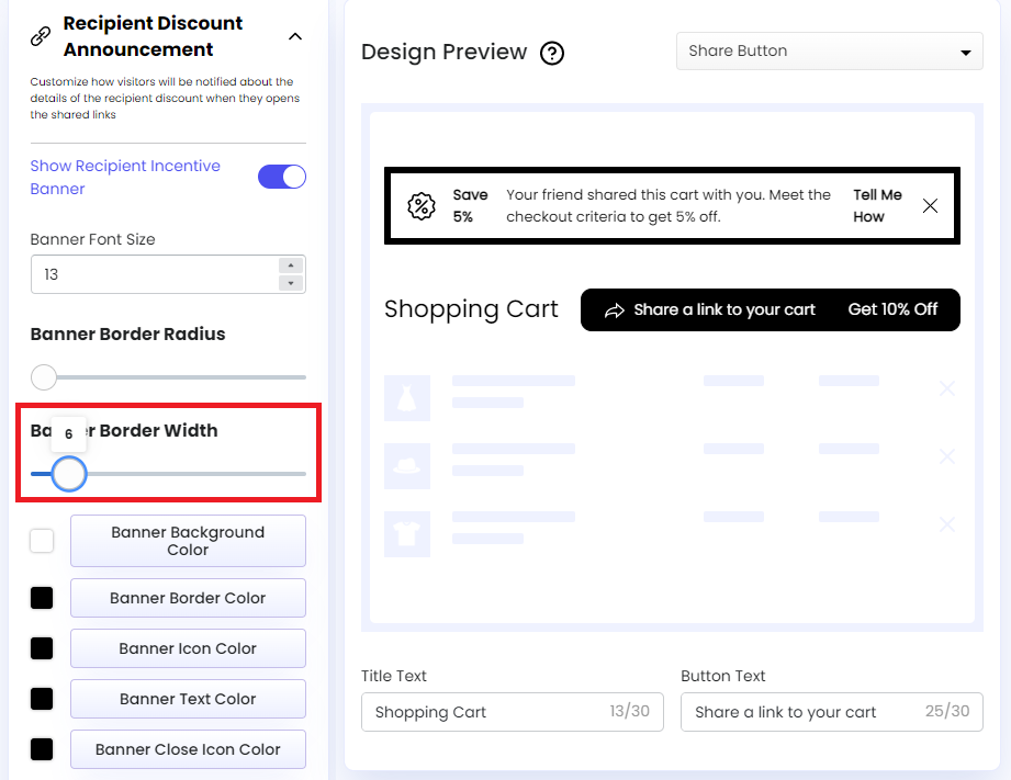 Screenshot of Share Cart Dashboard-Recipient Incentive Banner Border Width