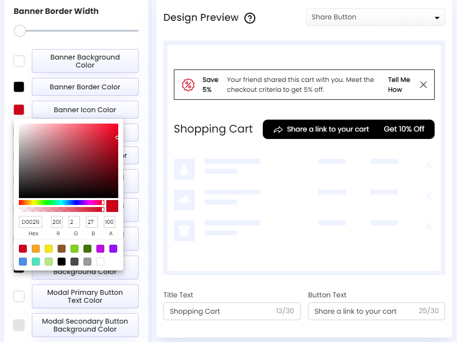 Screenshot of Share Cart Dashboard-Recipient Incentive Banner Icon Color
