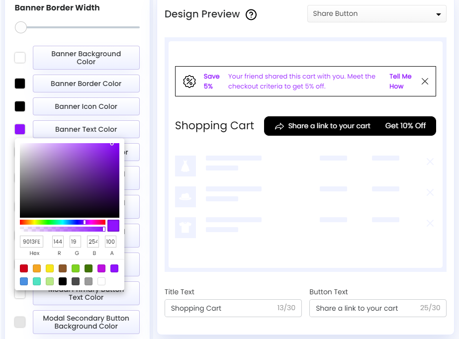 Screenshot of Share Cart Dashboard-Recipient Incentive Banner Text Color