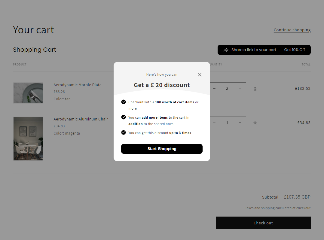 Screenshot of Recipient Incentive Details Modal on Cart Page