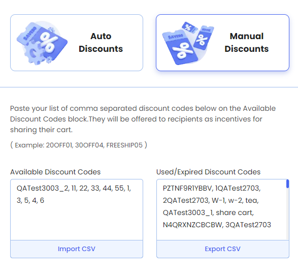 Screenshot of Share Cart Incentives Tab-Auto and Manual Discounts for Recipient