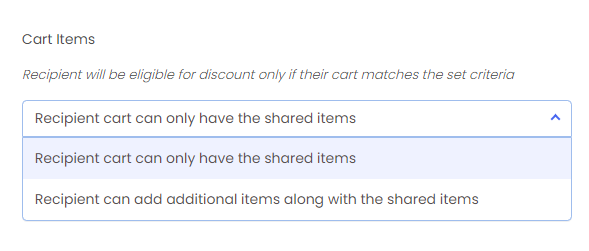 Screenshot of Share Cart Incentives Tab-Cart Items Dropdown