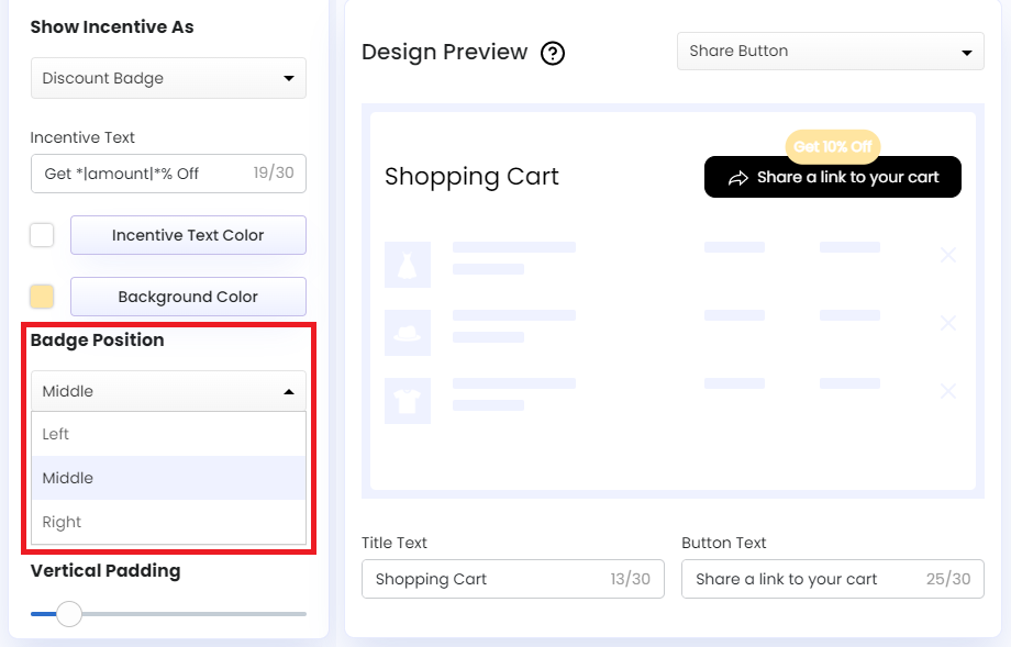 Screenshot of Share Cart Dashboard-Badge Position