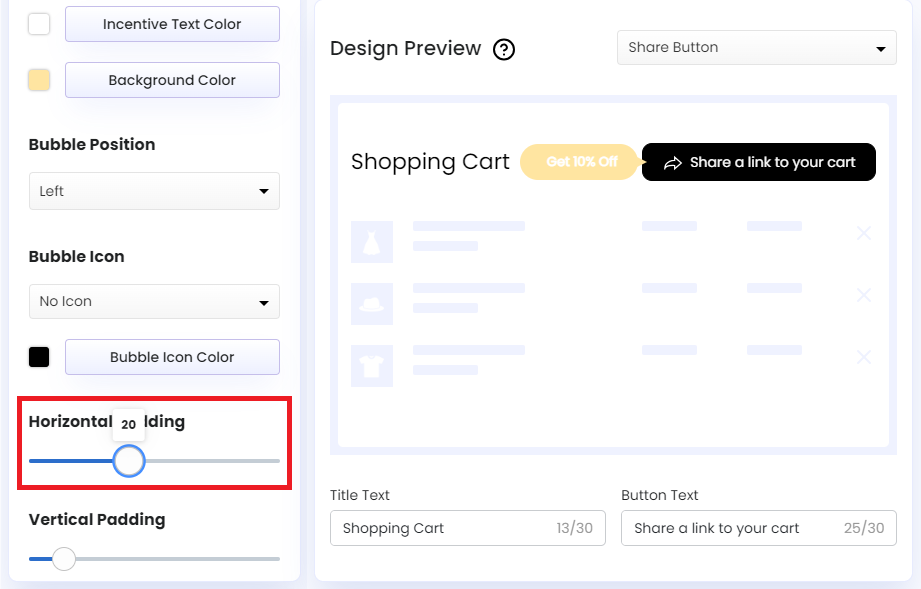 Screenshot of Share Cart Dashboard-Horizontal Padding of Discount Bubble