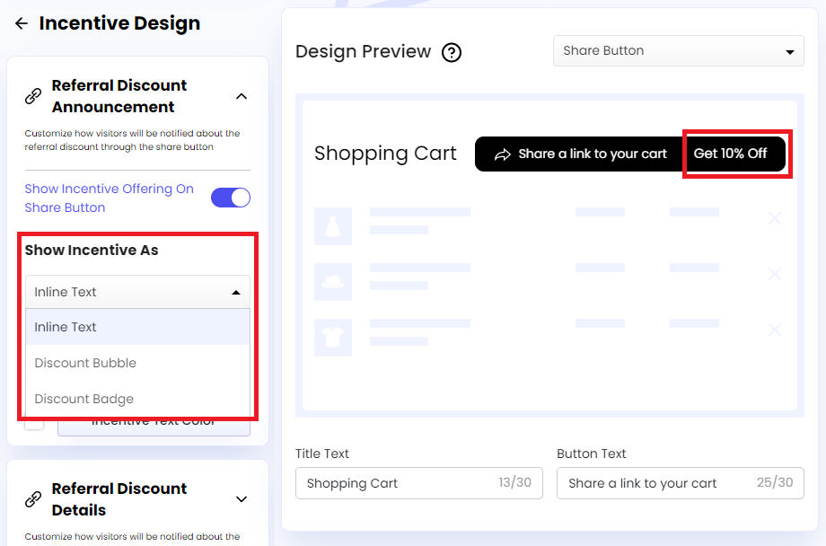 Screenshot of Share Cart Dashboard-Show Incentive As