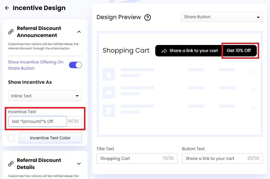 Screenshot of Share Cart Dashboard-Incentive Text
