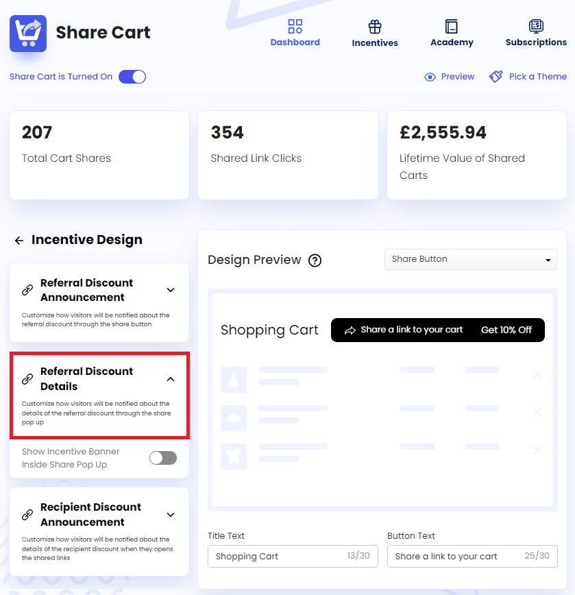 Screenshot of Share Cart Dashboard-Clicking on Referral Discount Details