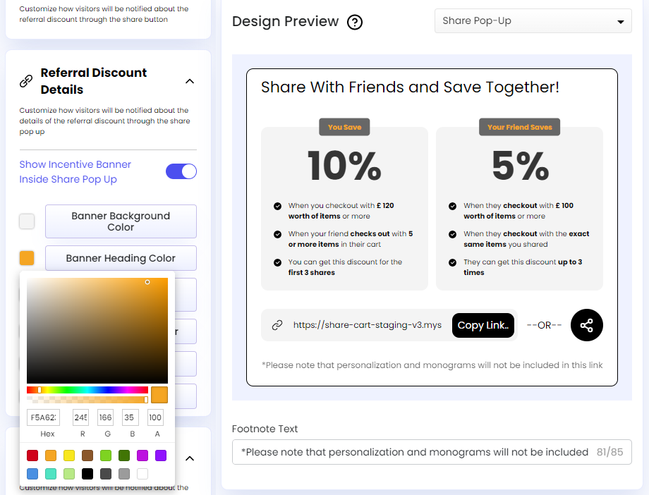 Screenshot of Share Cart Dashboard-Referrer Incentive Banner Heading Color