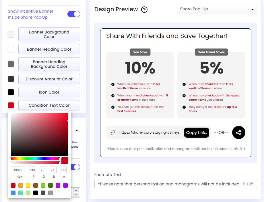 Screenshot of Share Cart Dashboard-Referrer Incentive Banner Condition Text Color