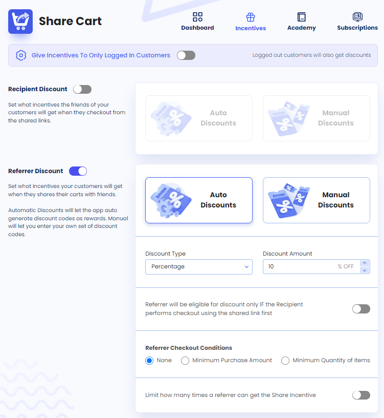 Screenshot of Share Cart Incentives Tab-Referrer Discount Toggle Turned ON