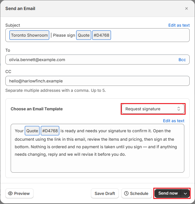 OrderPilot Send an Email window Screenshot of OrderPilot Send an Email window with the Request signature template
