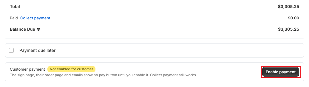 OrderPilot Customer payment row Screenshot of OrderPilot Customer payment row showing Not enabled for customer and the Enable payment button