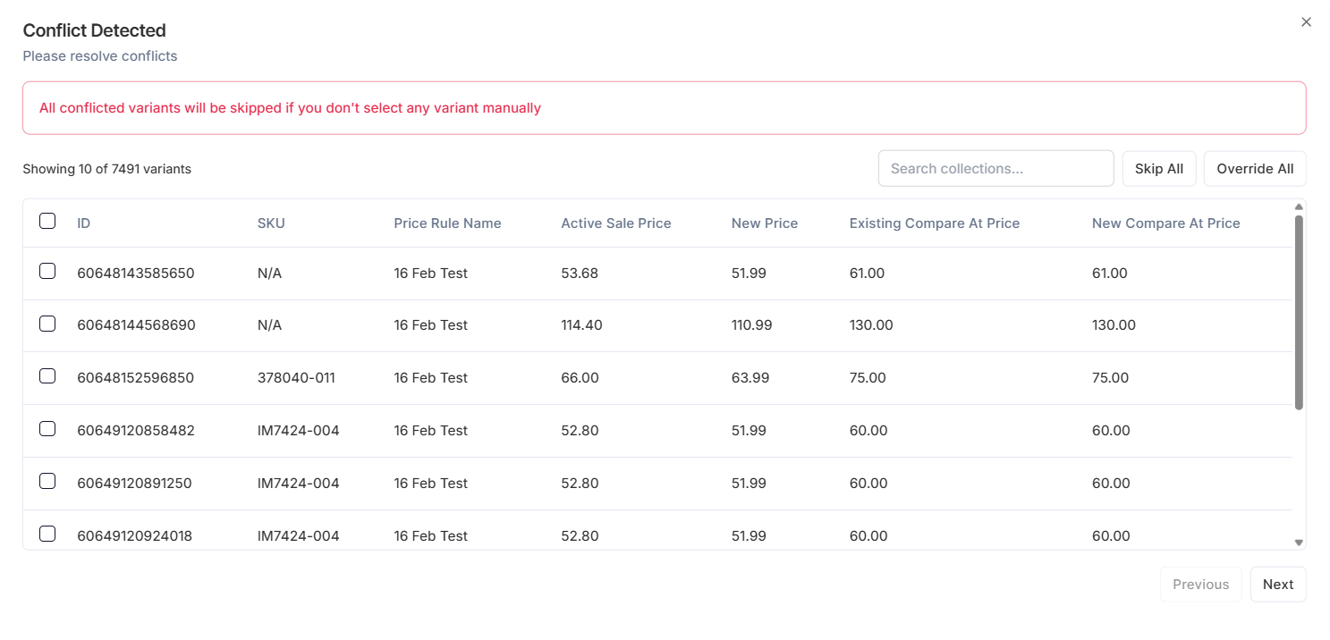 Screenshot of Price Rules Conflict Detection Modal