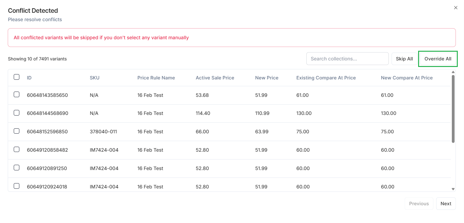 Screenshot of Price Rules Conflict Detection Modal-Override All