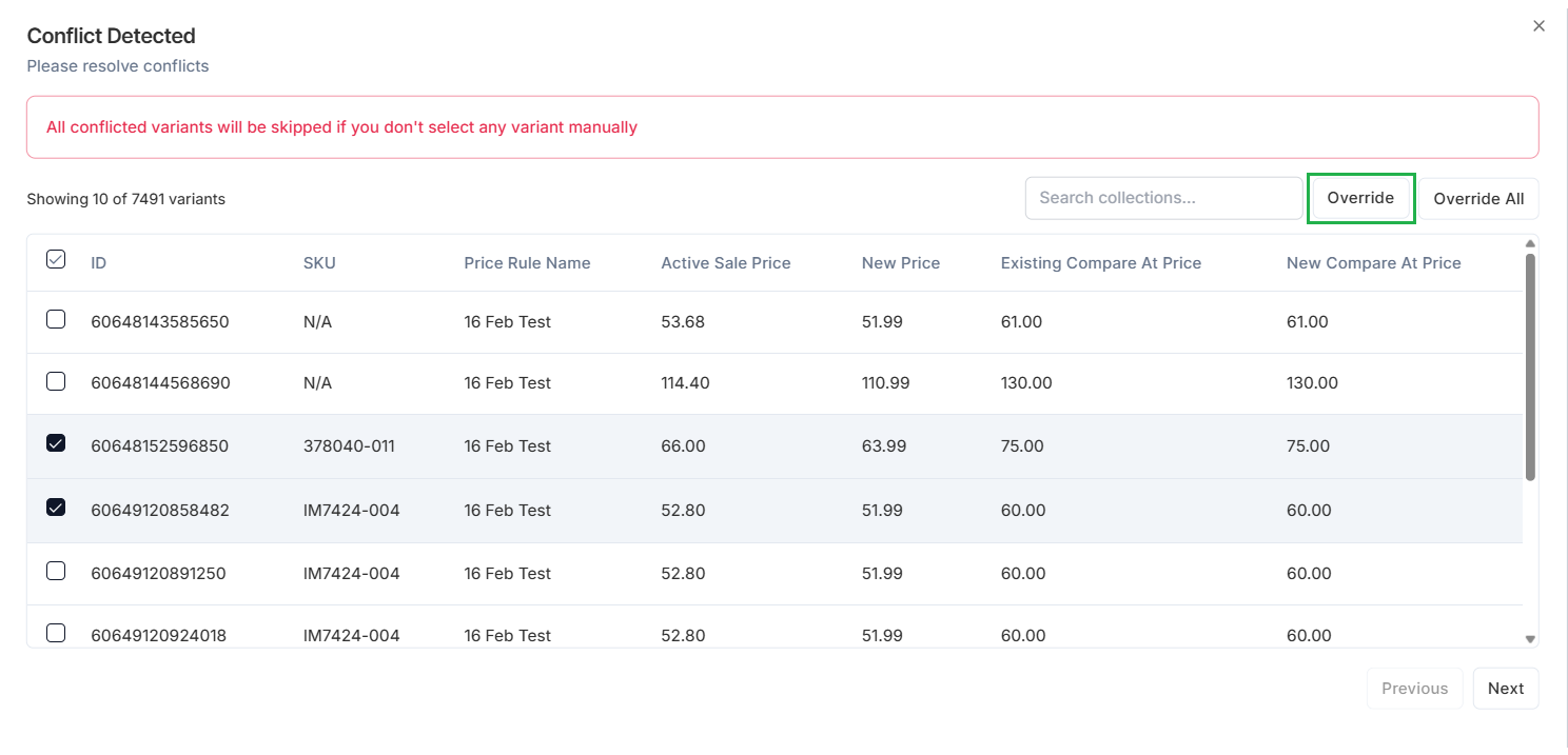 Screenshot of Price Rules Conflict Detection Modal-Override