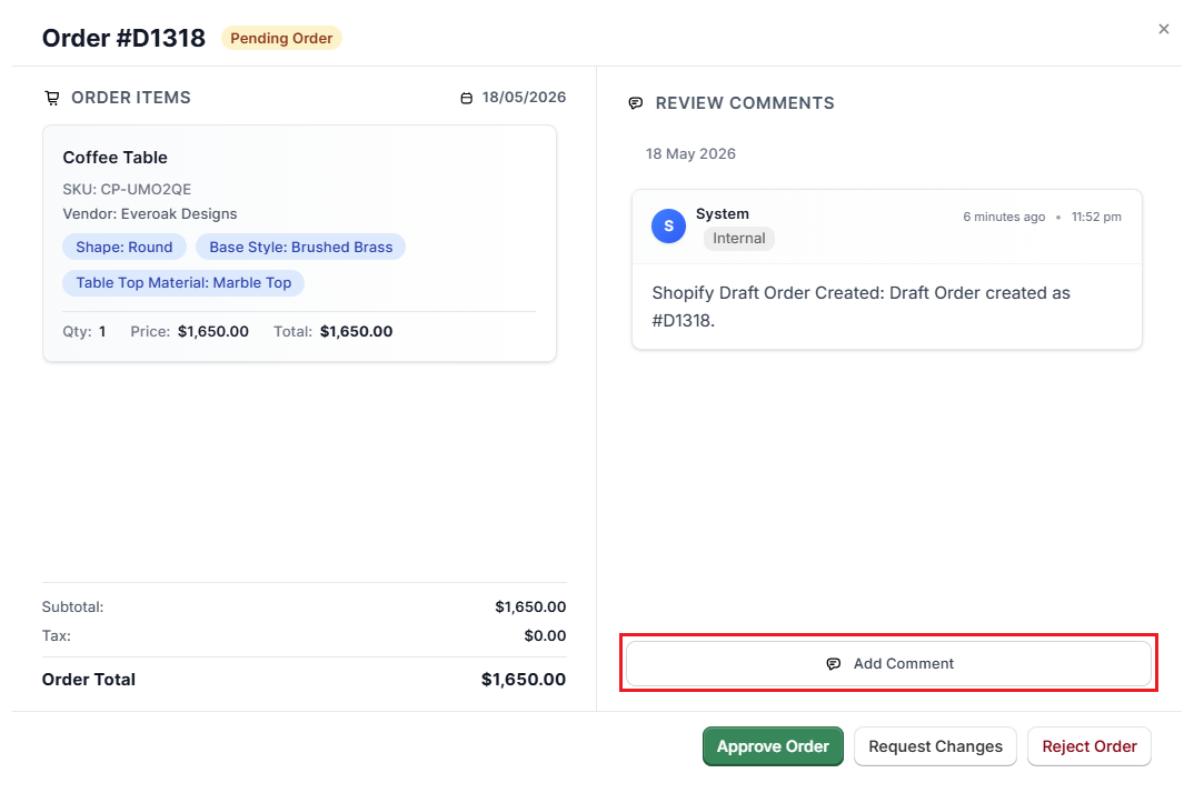 Screenshot of OrderPilot Review Order-Review and Add Comment