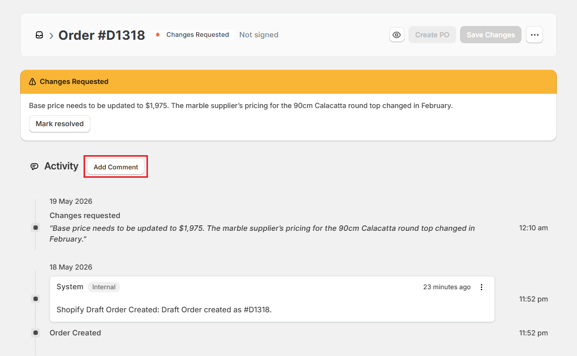 Screenshot of OrderPilot Review Changes Requested and Click Add Comment