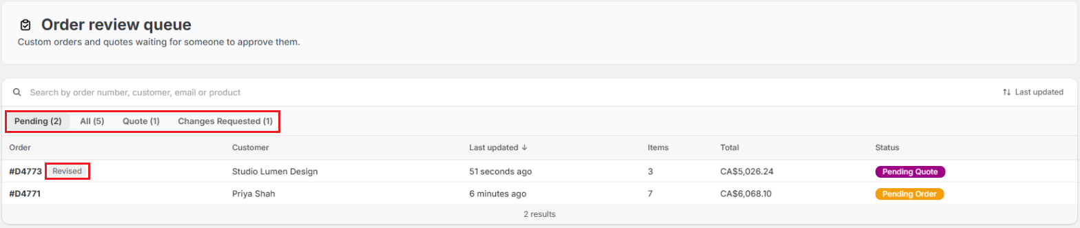 OrderPilot Order review queue Screenshot of OrderPilot Order review queue on the Pending tab