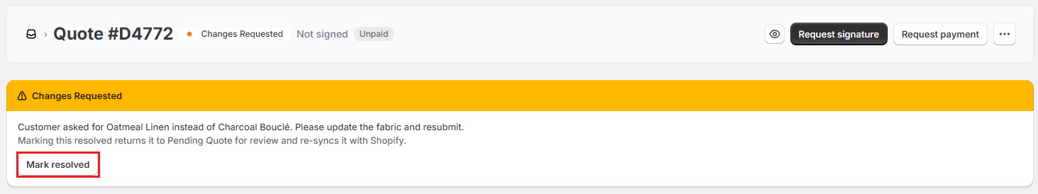 OrderPilot Changes Requested banner Screenshot of OrderPilot Changes Requested banner with the Mark resolved button