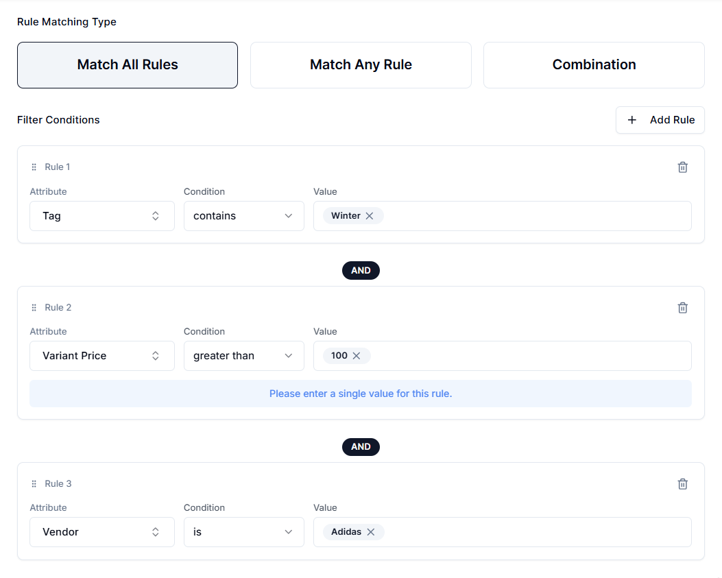 Screenshot of Price Rules Matching Types-Match All Rules