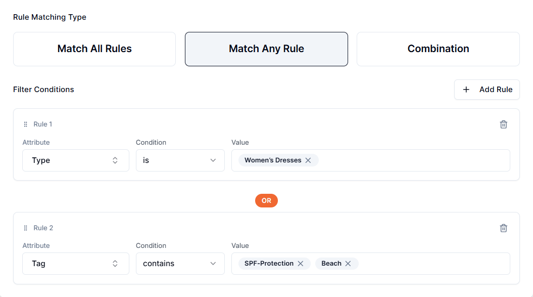 Screenshot of Price Rules Matching Types-Match Any Rule