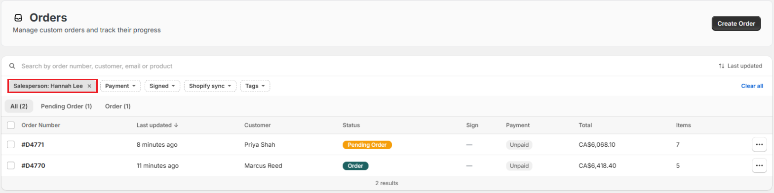 Screenshot of OrderPilot Orders List With the Salesperson Filter