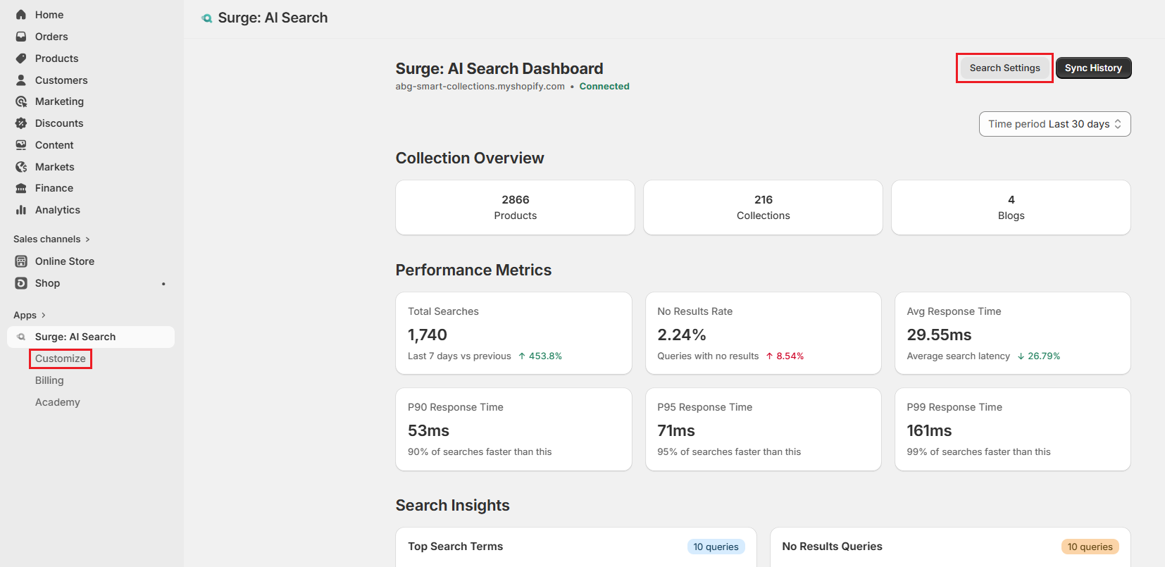Surge Dashboard-Click Search Settings or Customize Screenshot of Surge Dashboard-Click Search Settings or Customize