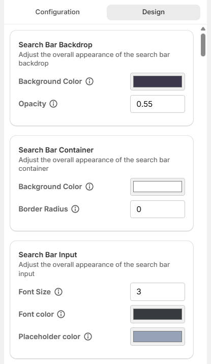 Surge Search Bar Customization Tab-Design Screenshot of Surge Search Bar Customization Tab-Design