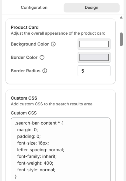 Surge Search Bar Customization Tab-Design Screenshot of Surge Search Bar Customization Tab-Design