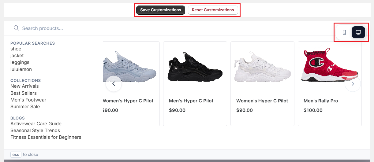 Surge Search Bar Customization Tab-Preview and Save Customization Screenshot of Surge Search Bar Customization Tab-Preview and Save Customization